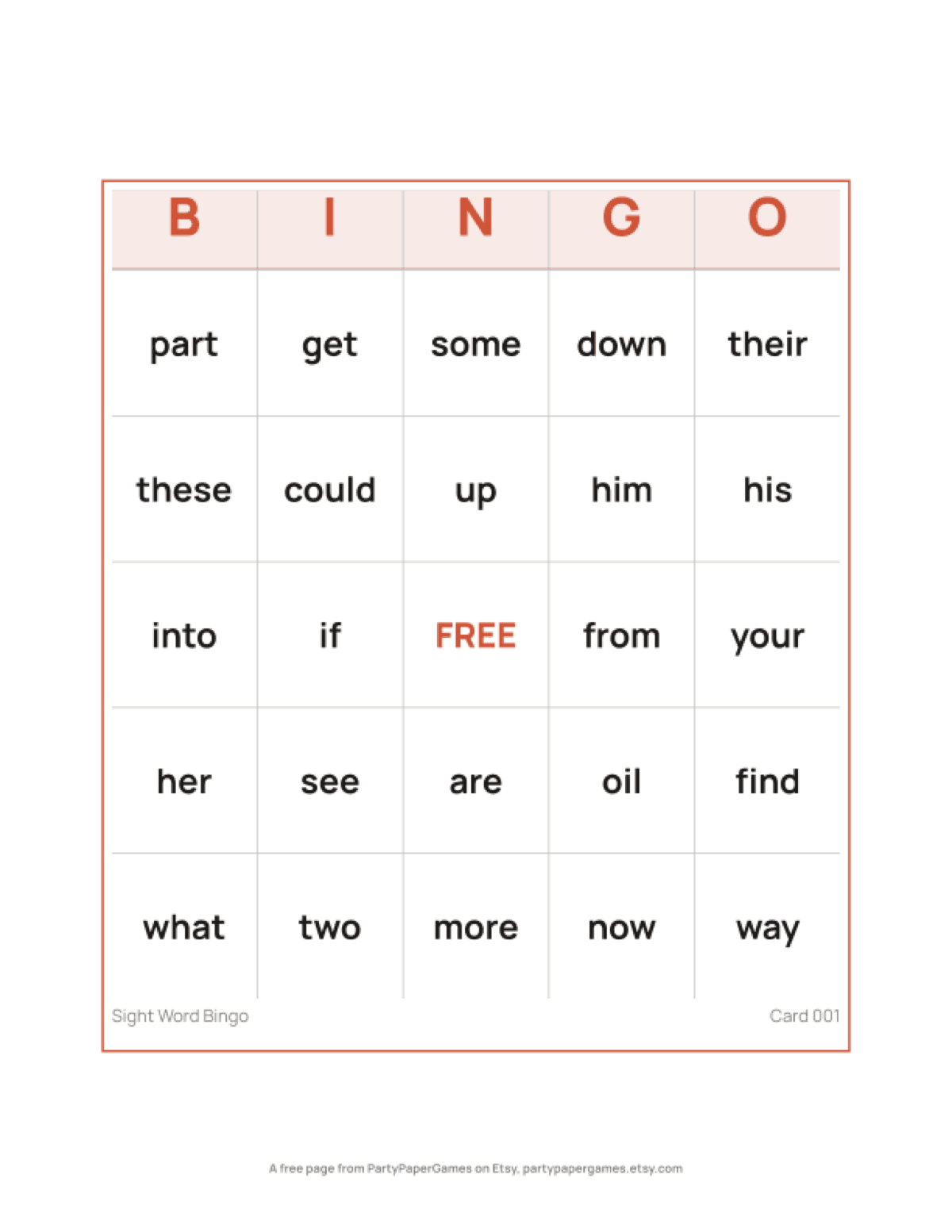 Free Printable Sight Word Bingo Card