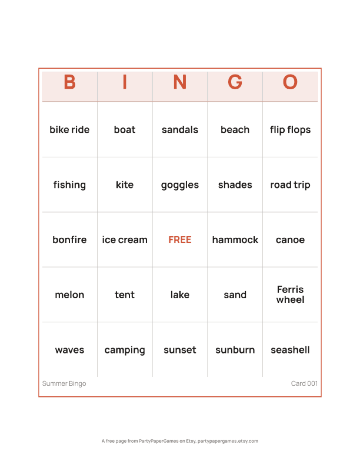 Free Printable Summer Bingo Card