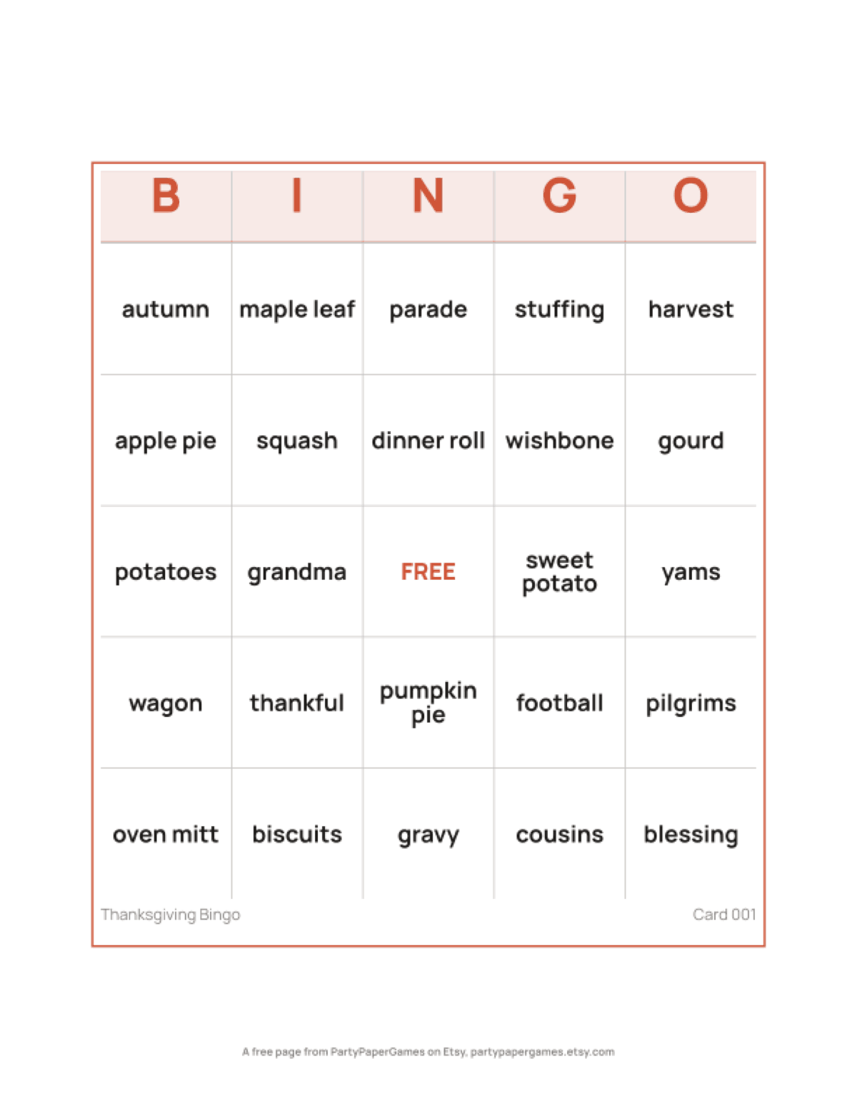 Free Printable Thanksgiving Bingo Card, the real page out of the Thanksgiving Bingo set