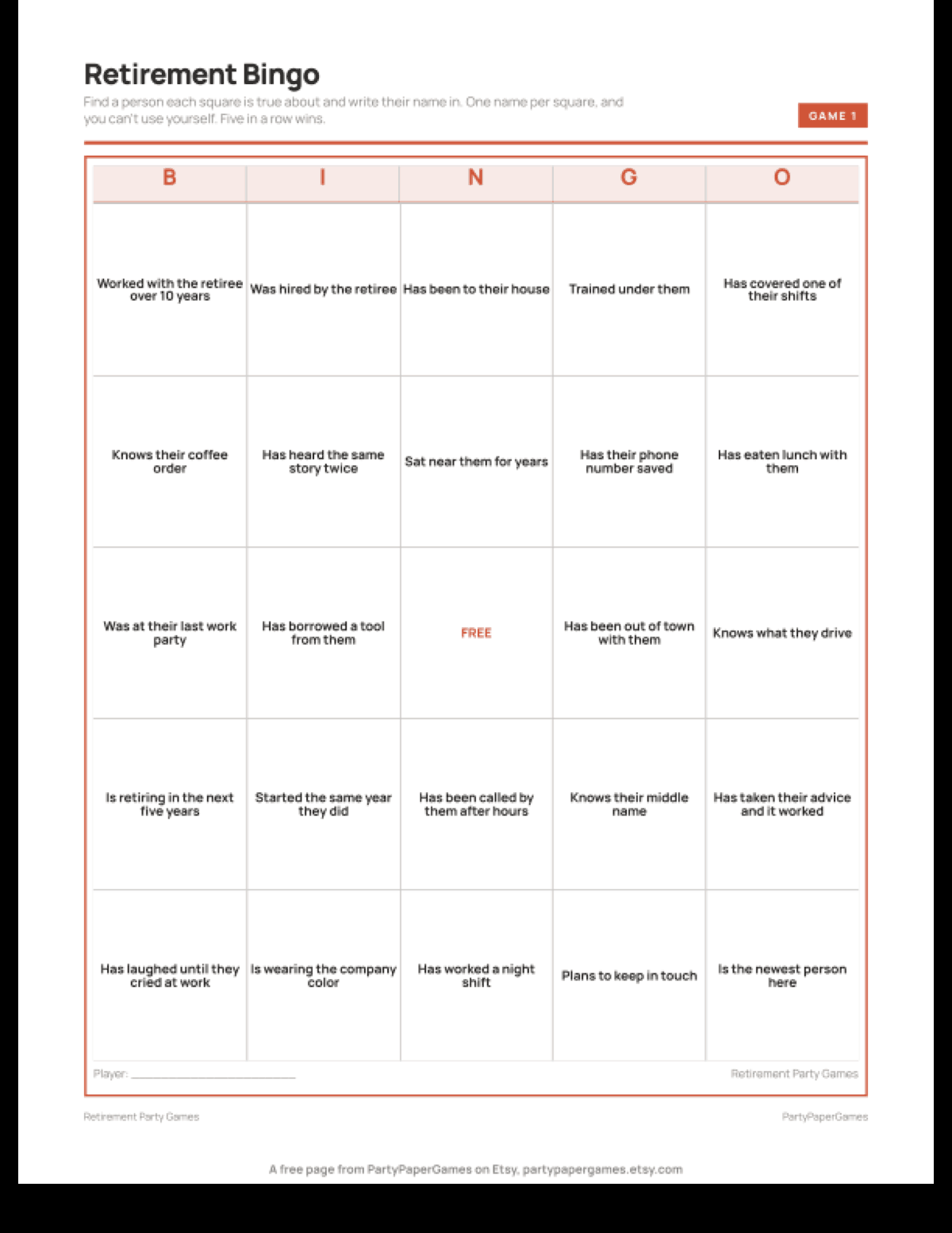 Free Printable Retirement Party Bingo Card, the real page out of the Retirement Party Games set
