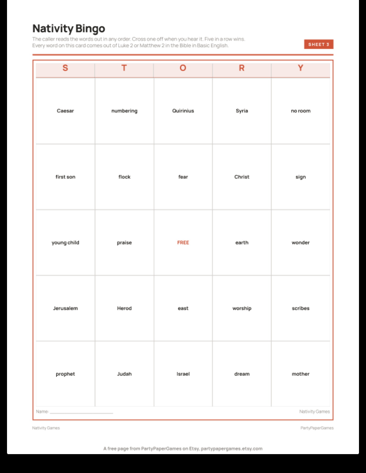 Free Printable Nativity Bingo Card