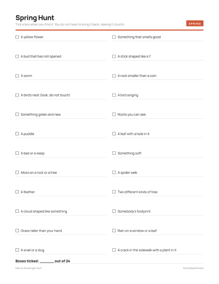The spring sheet of the nature scavenger hunt, twenty four
                    things to find with a box beside each one