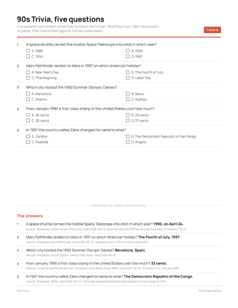 Five 90s trivia questions with multiple choice boxes, and
                    the answer key underneath a fold line